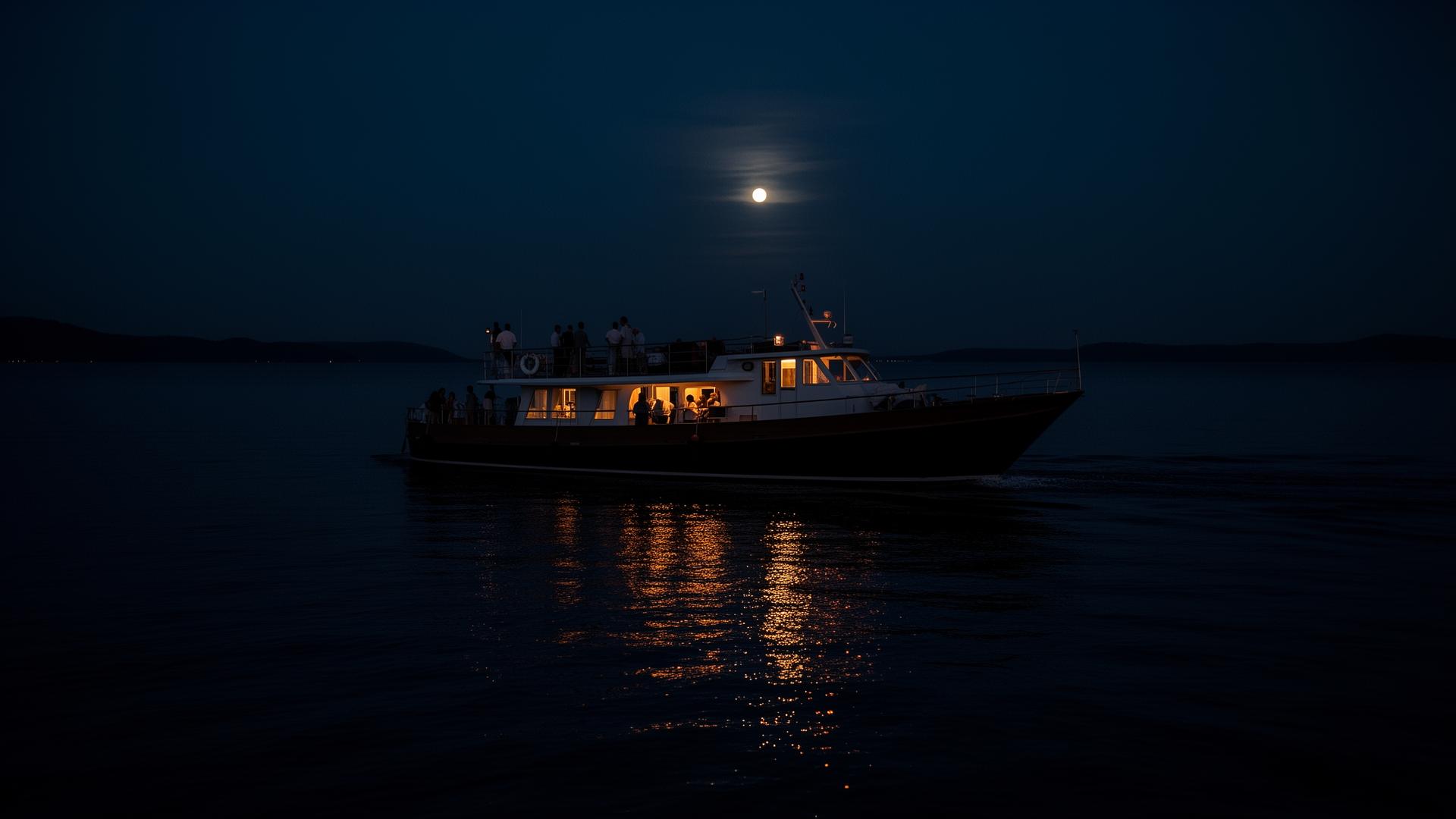 Charter boat on the water under moonlight